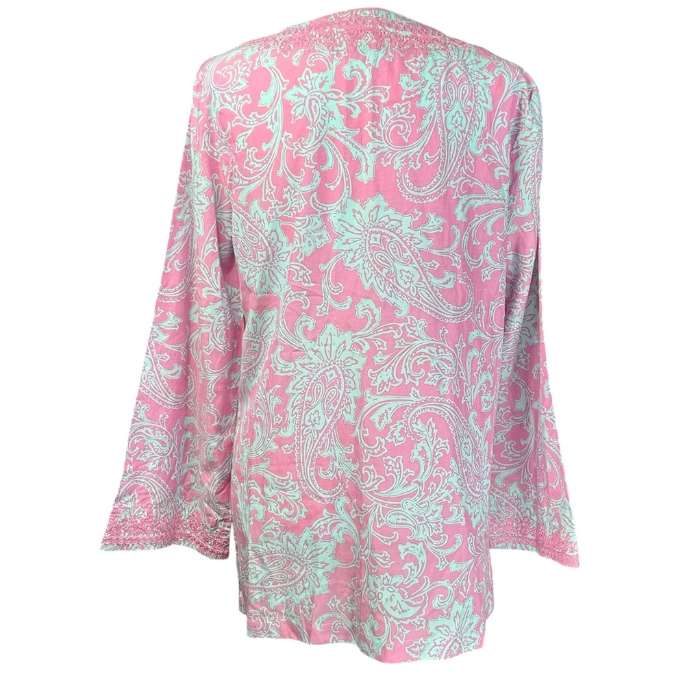J. Mclaughlin Silk Blend Top M Pop Over Bell Sleeves Embroidered Coastal - Picture 4 of 10